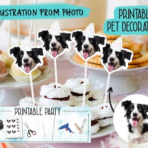 Decoraciones imprimibles, adorno para tarta de perro, mascota, tarta de gato, dibujo a partir de foto, adornos para cupcakes personalizados, pancarta de feliz cumpleaños, regalo personalizado,
