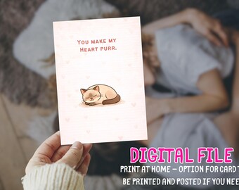 Cute Cat Valentine's Day Card Printable Make My Heart Purr Funny Love Digital Instant Download