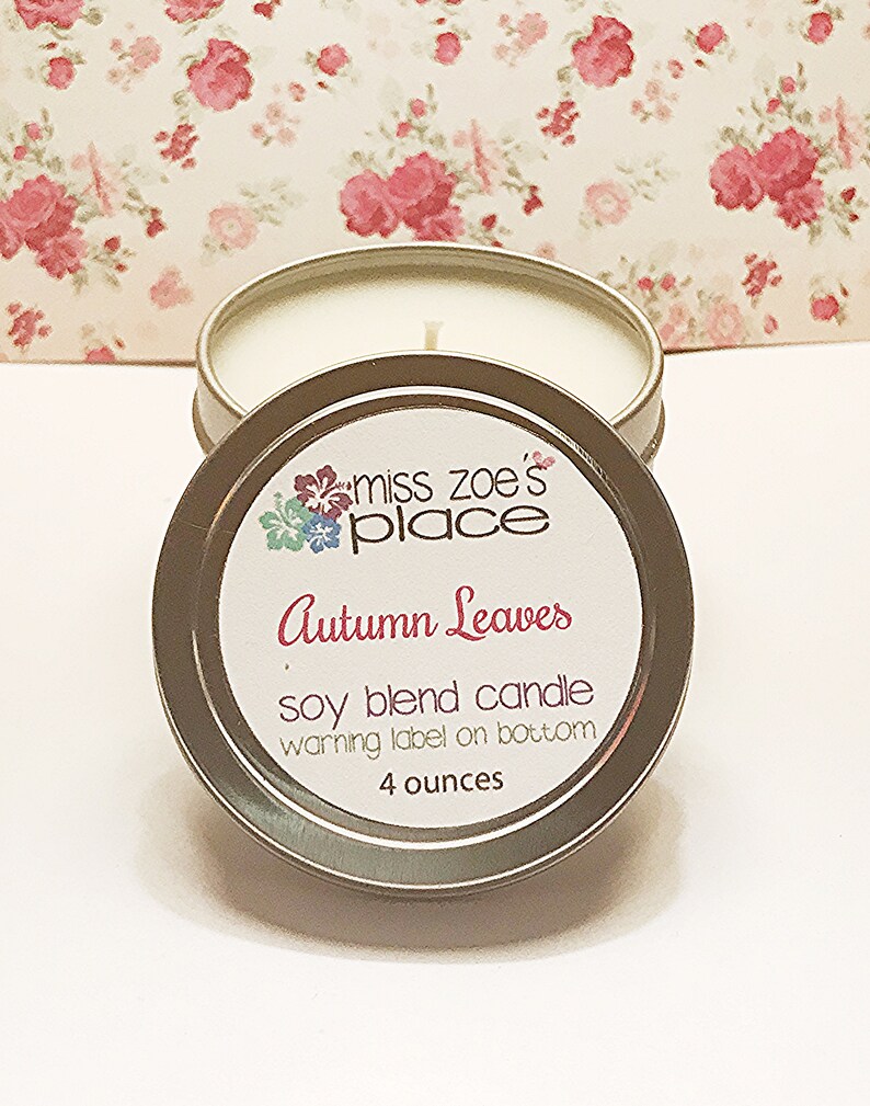 Gift Idea Hand Poured Candles Scented Candls Wax Candles Tin Candle Autumn Leaves 4 oz Soy Blend Candle Tin Autumn Gifts