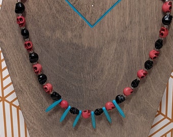 Pink and Black Skulls with Turquoise Spikes Beaded Necklace and Earrings