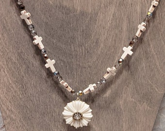 White Flower with White Crosses Beaded Necklace and Earrings