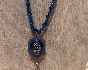 Live in the Moment Metal and Glass Pendant Beaded Necklace