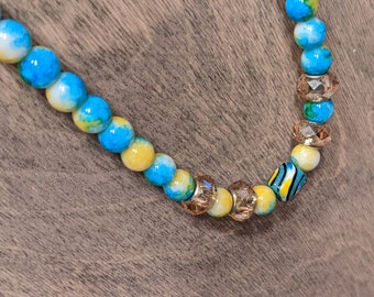 Blue and Yellow Paint-Like Beaded Neacklace