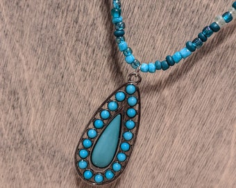 Turquoise and Silver Teardrop Beaded Necklace