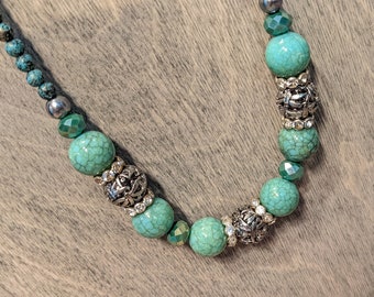 Turquoise Silver and Rhinestone Beaded Necklace