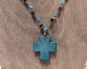 Turquoise Cross with Chips on Chain Beaded Necklace