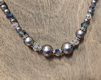 Silver Faux Pearl and Rhinestone Beaded Necklace