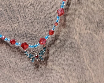 Tiny and Simple Blue and Red Butterfly Beaded Necklace
