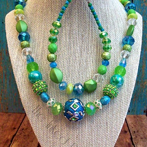 Green Marble Beaded Necklace and Bracelet, Lime Beads, Blue Beads ...