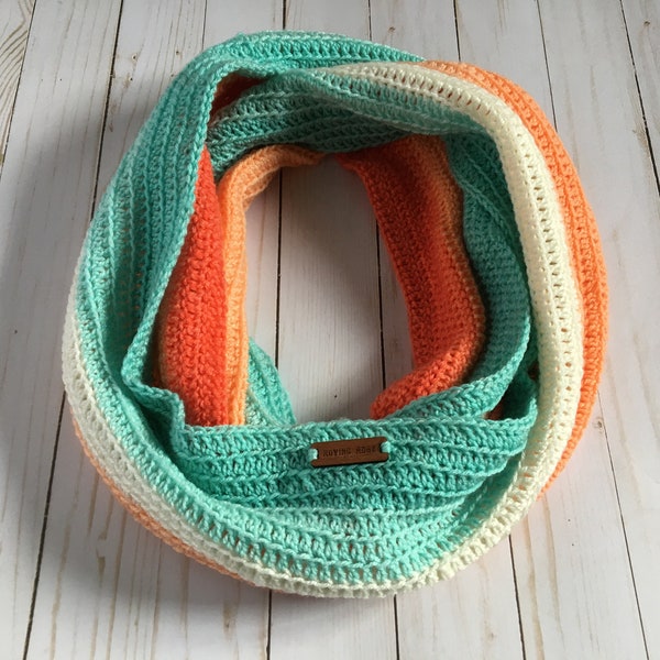 Womens Crochet Ombre Infinity  Hilltop Scarf in Coral & Turquoise