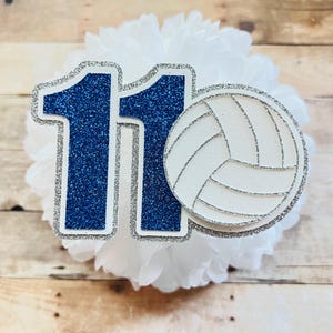 May include: Blue and silver glitter number 11 with a white volleyball in the center.