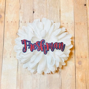 May include: A white paper flower with the word "Freshman" in red and blue glitter letters.