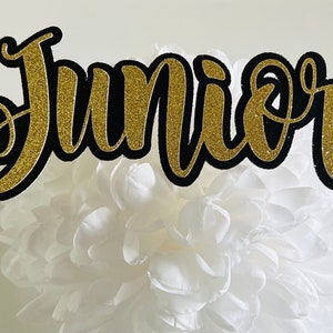 May include: Black and gold glitter cake topper with the word "Junior" in a cursive font.