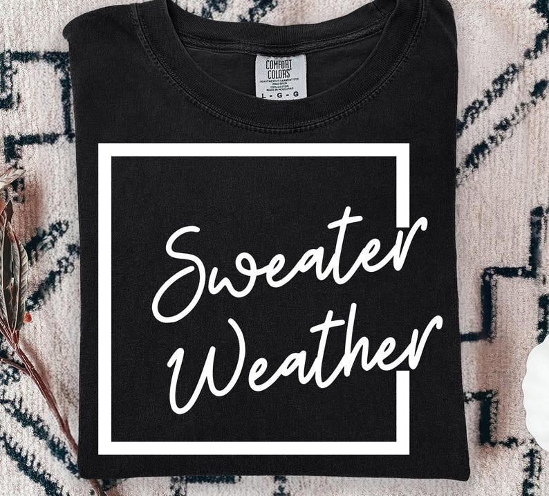 May include: A black crew neck t-shirt featuring a white square outline graphic with the text Sweater Weather written in a white cursive script font across the centre. The shirt has a Comfort Colors brand label at the inner neckline showing size L.