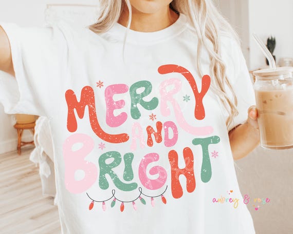 Merry and Bright PNG, Christmas SVG, Sublimation Download, Colorful Christmas Png, Girly Cute Christmas Png, Trendy Holiday Png, Groovy Png
