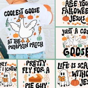 May include: A white t-shirt featuring a graphic of a goose wearing a cap, surrounded by pumpkins, leaves, and lightning bolts with the text COOLEST GOOSE AT THE PUMPKIN PATCH, alongside five other graphic designs with autumn and religious themes.