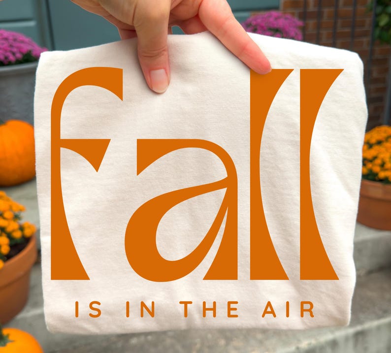 May include: A white t-shirt featuring the word fall in large, bold, orange stylised lettering. Below the word fall, the text IS IN THE AIR is printed in a smaller, simple orange font. The design is centred on the front of the garment.