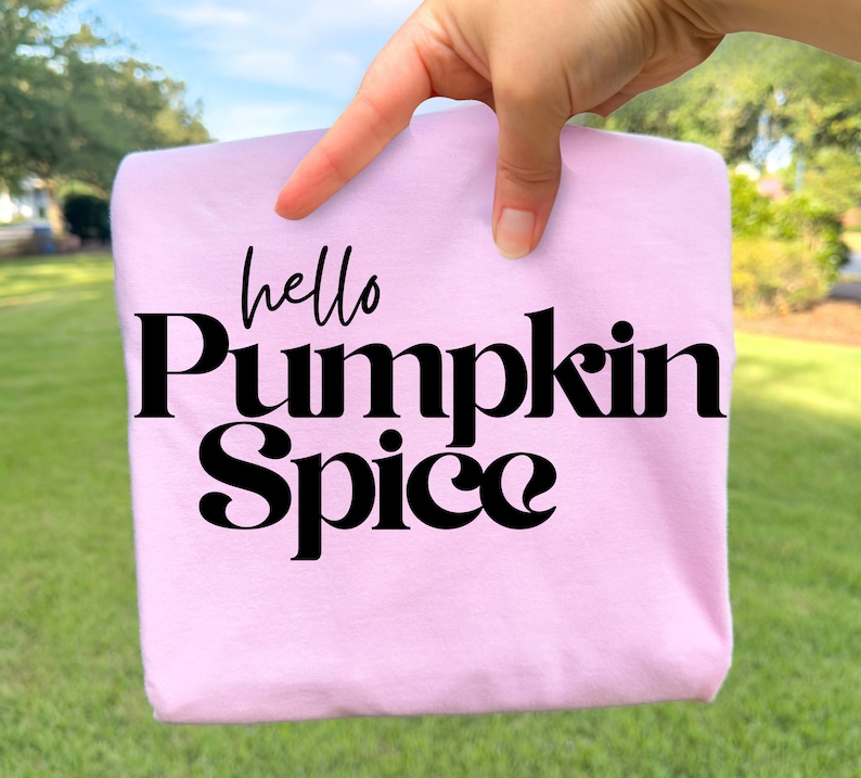 May include: A light pink t-shirt featuring the black text "hello Pumpkin Spice" printed on the front. The word "hello" is written in a cursive script font, while "Pumpkin Spice" is displayed in a bold, stylized serif typeface.