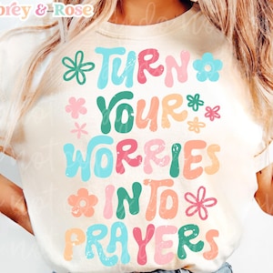 Trendy christelijke PNG SVG-sublimatie gesneden bestand Verander je zorgen in gebeden Retro boho groovy golvend bijbels kleurrijk grafisch ontwerp dtf