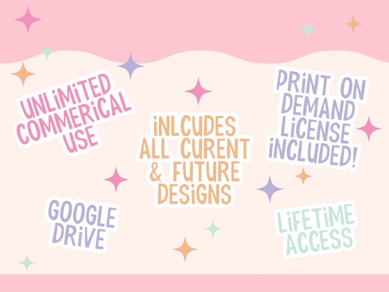 May include: A pink background with colorful stars and text that reads "Unlimited Commercial Use", "Google Drive", "Includes All Current & Future Designs", "Print on Demand License Included!" and "Lifetime Access".