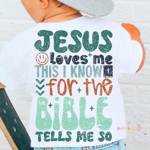 Jesus Loves Me This I Know PNG SVG numérique Sublimation Cricut coupe fichier Faith Boy Kid bambin coloré religieux biblique Graphisme DTF