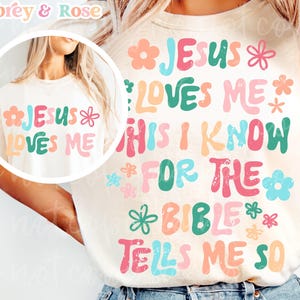 Retro christelijke PNG SVG-sublimatie gesneden bestand Jesus Loves Me voor- en achterkant hoodie hymne Boho groovy bijbels kleurrijk trendy grafisch ontwerp DTF