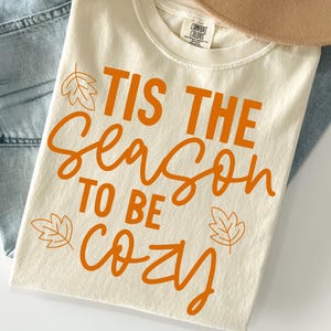 May include: A cream-coloured t-shirt featuring the orange text 'TIS THE SEASON TO BE COZY' printed on the front. The design includes simple orange leaf illustrations positioned near the text. The shirt has a crew neckline and a Comfort Colors label.