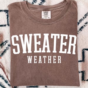 May include: A brown short-sleeved t-shirt with a crew neckline. The shirt features the white text "SWEATER WEATHER" printed in a bold, arched font across the chest. A white tag inside the collar displays the brand name Comfort Colors and size L-G-G.