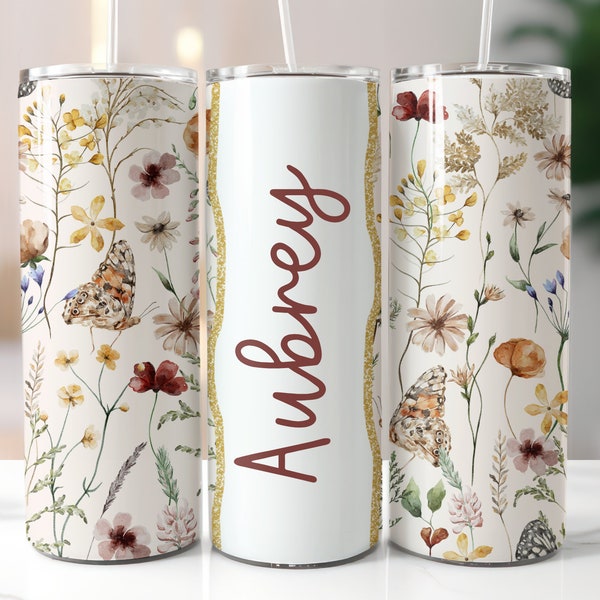 Cottage Boho Floral Custom Add Your Name 20oz 9.2 x 8.3 Straight Tapered Skinny Tumbler Sublimation Design Download Commercial Use PNG 241