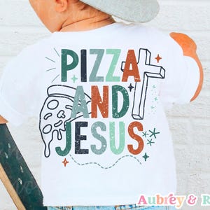 Pizza et Jésus Christian Kid PNG SVG fichier de coupe par sublimation petits garçons rétro enfants bibliques bambin coloré religieux conception graphique DTF