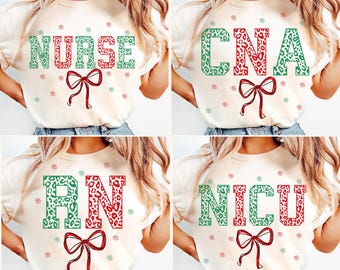 Preppy Leopard Christmas Nurse PNG Bundle, Merry Nurse Png, Christmas Tree Bow Svg, Coquette CNA Png, RN Png, Nicu, Sublimation Download