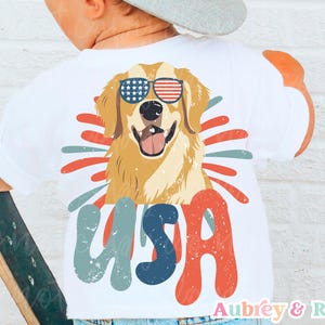 Jongen USA Golden Retriever hond digitale PNG sublimatie grafisch ontwerp bestand vuurwerk bout Independence Day 4 juli kleine jongen peuter Kid