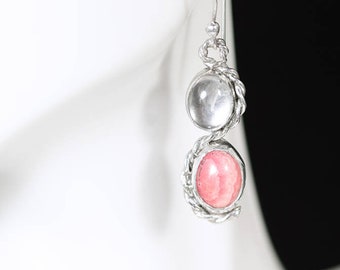 Rhodochrosite and Moonstone in Sterling Silver Earrings, Silver Gemstone Earrings, Pink Earrings, Rhodochrosite Earrings, Moonstone Earrings