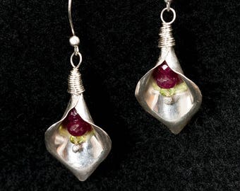 Ruby Peridot and Sterling Silver Calla Lily Earrings, Ruby Earrings, Silver and Ruby Earrings, Flower Earrings, Handmade Ruby Calla Lily