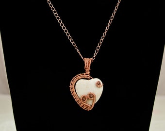 Copper Wire Wrapped White Mangnesite Heart Pendant, Copper Beads, 18" Chain, Double Heart Necklace, Wire Wrapped Necklace, Heart Necklace