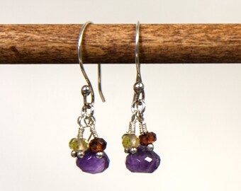 Sterling Silver and Amethyst Onion Earrings, Citrine, Garnet, Peridot Drops, Pierced or Clip On Earrings, Silver Earrings