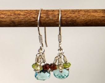 Sterling Silver and Aquamarine Blue Quartz Onion Earrings, Amethyst, Garnet, Peridot Drops, Semi Precious Gemstone Earrings, Silver Earrings