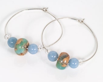 Sterling Silver Hoop Earrings, Angelite African Terra Jasper and Crystal Hoop Earrings, Blue Gemstone Hoop Earrings, Beaded Hoop Earrings