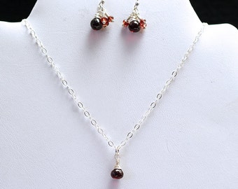 Garnet  Necklace and Earring Set, January Birthstone, Wire Wrapped Garnet in Sterling Silver Set, Garnet Birthstone Earring and Necklace Set