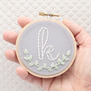 Initial Ornament | Personalized Family Name | Small 3" Embroidery Hoop Art | Custom Letter Decor | Laurel Vine | Cursive Monogram | Wreath