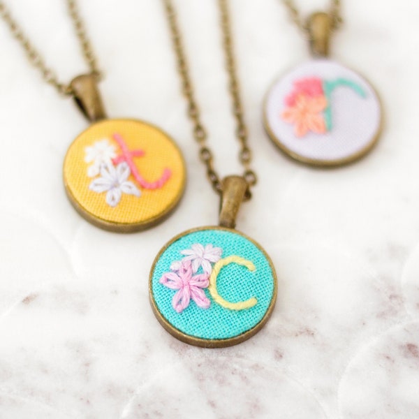Embroidered Initial Necklace · Colorful Flower Necklace · Personalized Gift for Her · Mom Necklace with Kid Initial ·Unique Handmade Jewelry