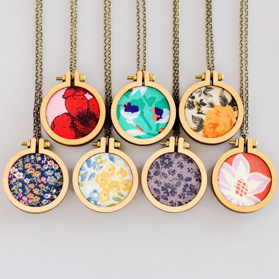Mini Embroidery Hoop Necklace, Vintage Fabric Pendant, Unique Gift for