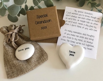 Grandson Gift Personalised- Porcelain Pebble or Heart with Message