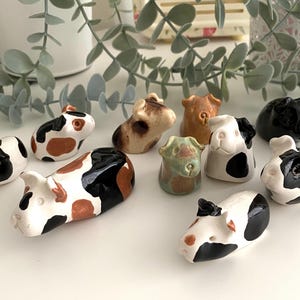 May include: A collection of nine ceramic figurines of guinea pigs in various poses and colour combinations. The figurines are painted in black, white, brown, and tan.
