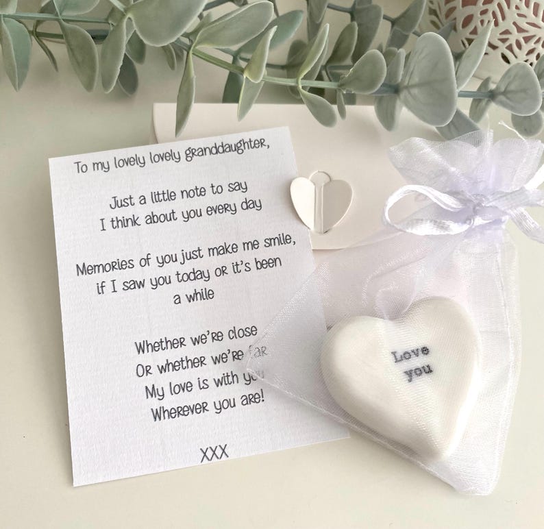 Granddaughter Gift: Porcelain Pebble or Heart - Keepsake Present Heart in Bag