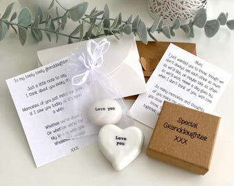 Granddaughter Gift: Porcelain Pebble or Heart - Keepsake Present