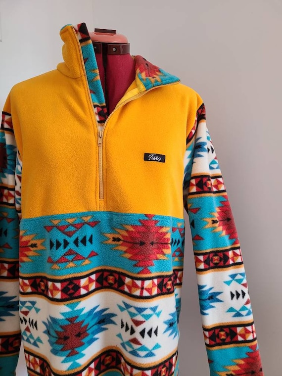 Unisex fleece, mustard yellow fleece with orange and blue Aztec pattern  fleece jacket, patterned fleece