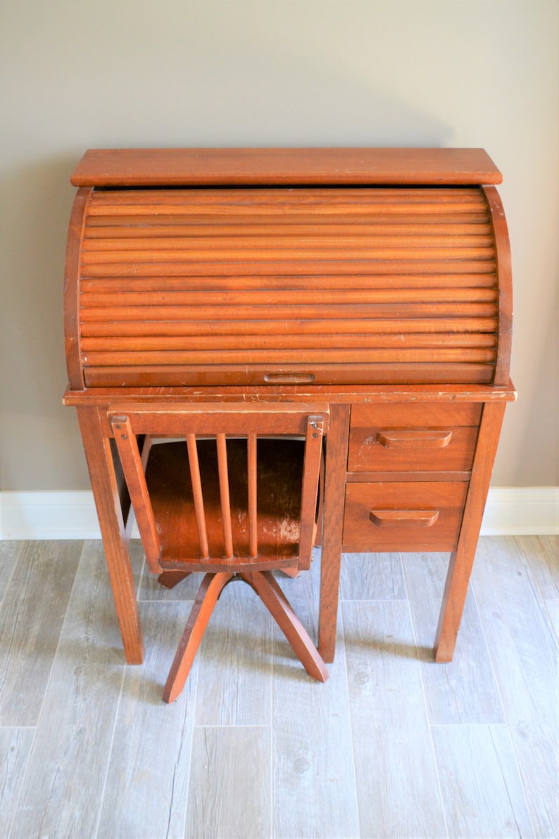 Vintage Children's Roll Top Desk with Swivel Chair Etsy