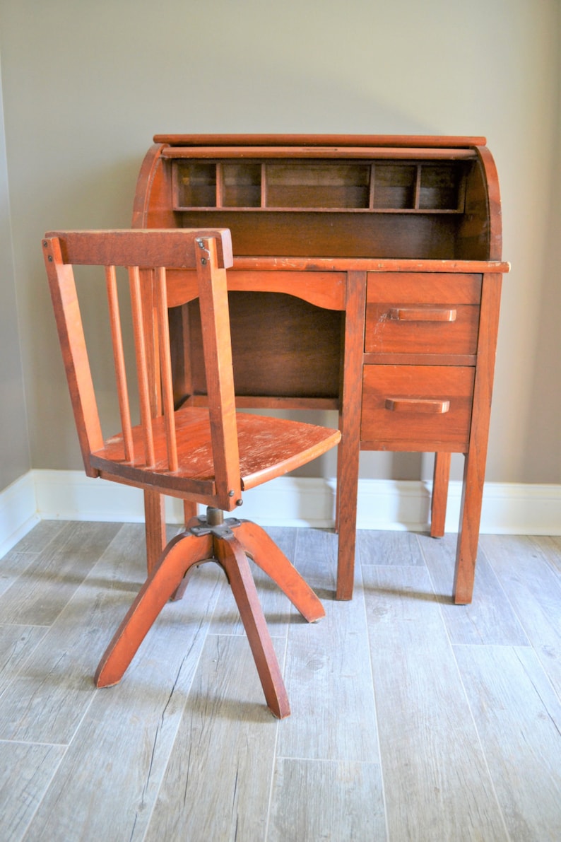 Vintage Children's Roll Top Desk with Swivel Chair Etsy