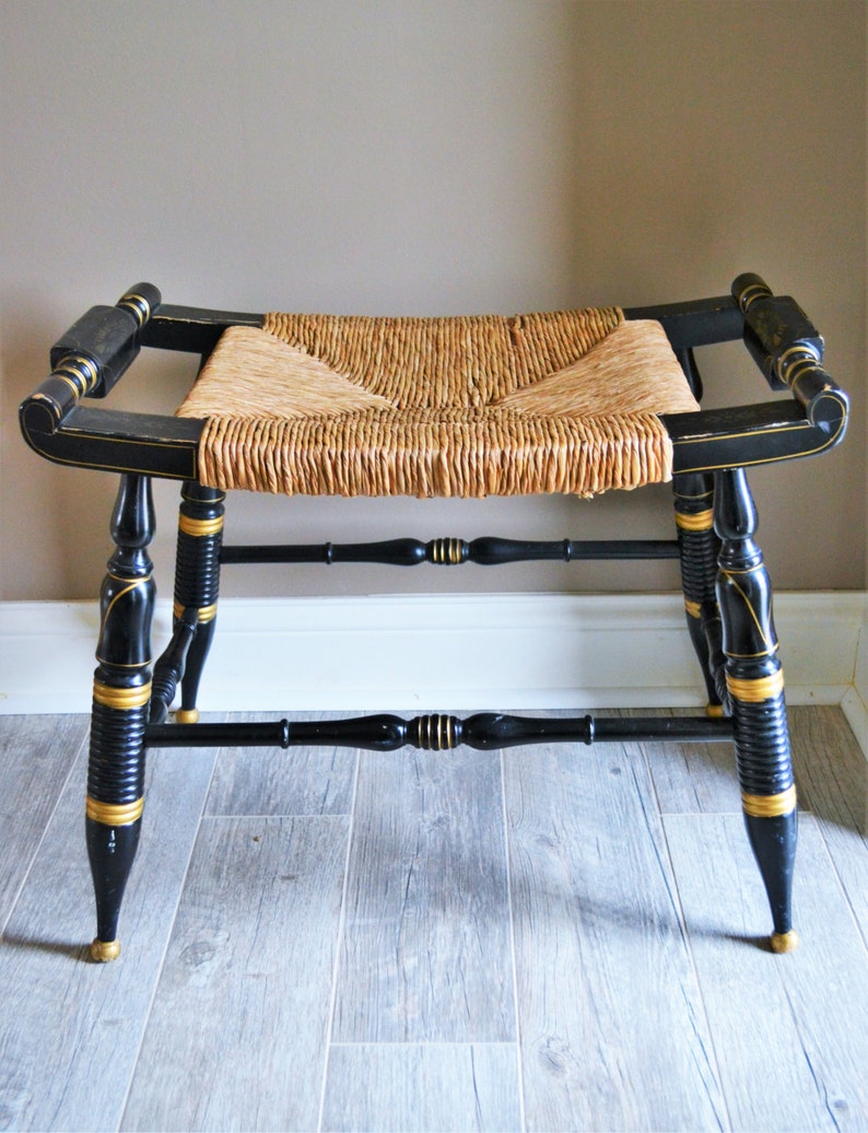 Vintage Hitchcock Style Rush Seat Vanity Bench Black and Etsy